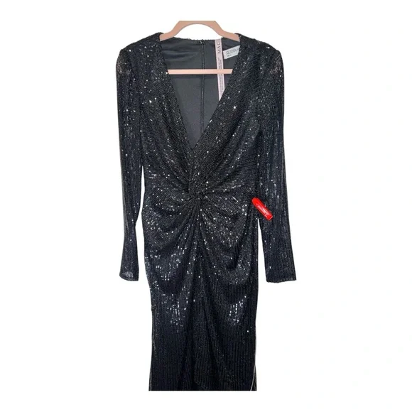 Ieena for Mac Duggal Black Sequin Knotted Long Sleeve Midi Dress Size 6 NWT - Picture 12 of 12